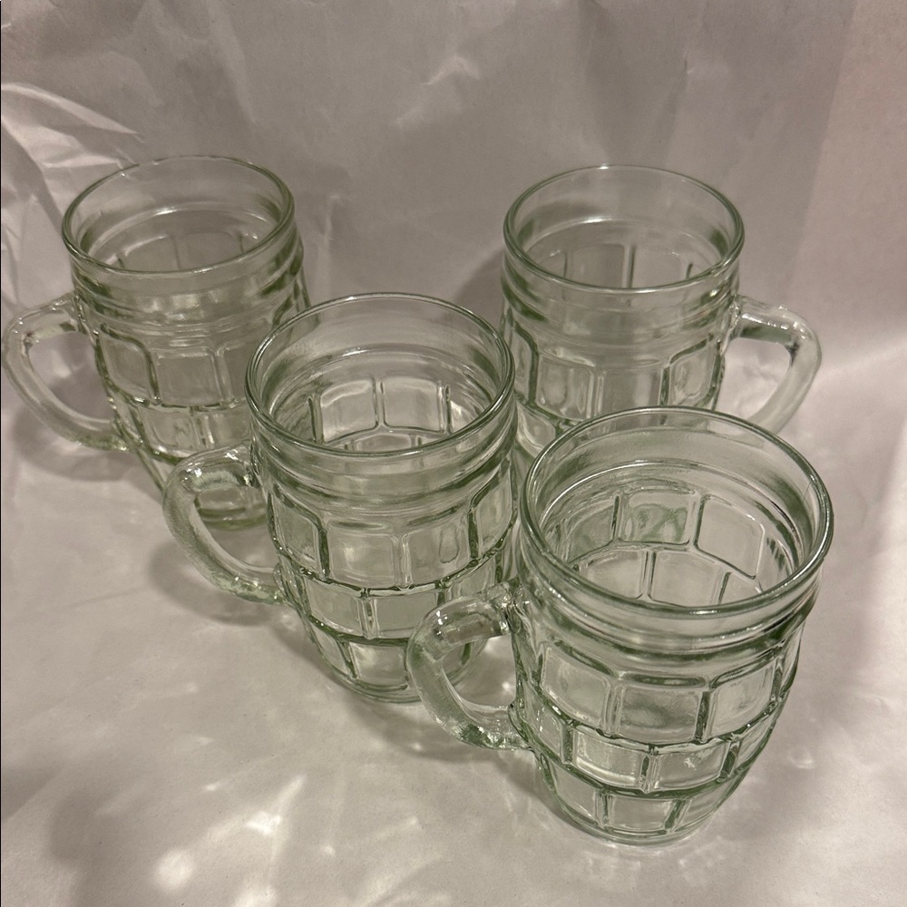 Vintage  Anchor Hocking Windowpane barrel-root beer mugs depression-era glass 4x